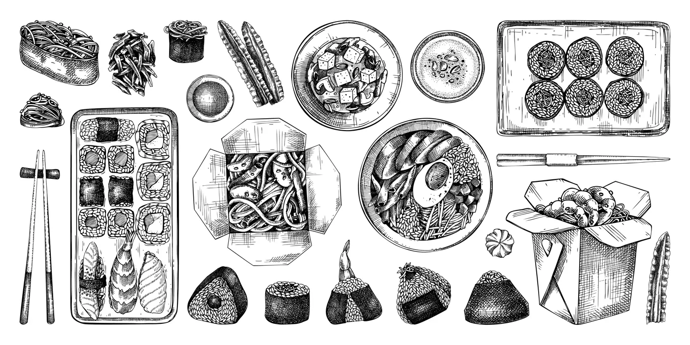 Asian food hand-drawn vector illustrations in engraved style. Japanese cuisine menu design elements. NOT AI generated Illustration